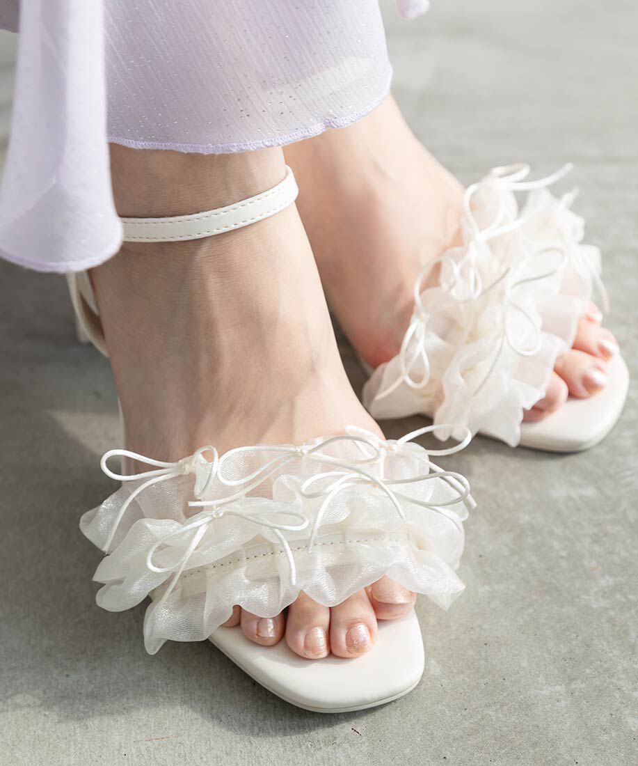  「ミニリボンフリルヒールサンダル」|サンダル|