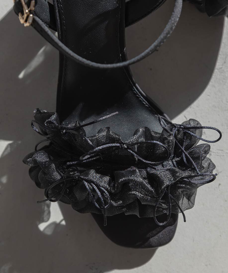  「ミニリボンフリルヒールサンダル」|サンダル|