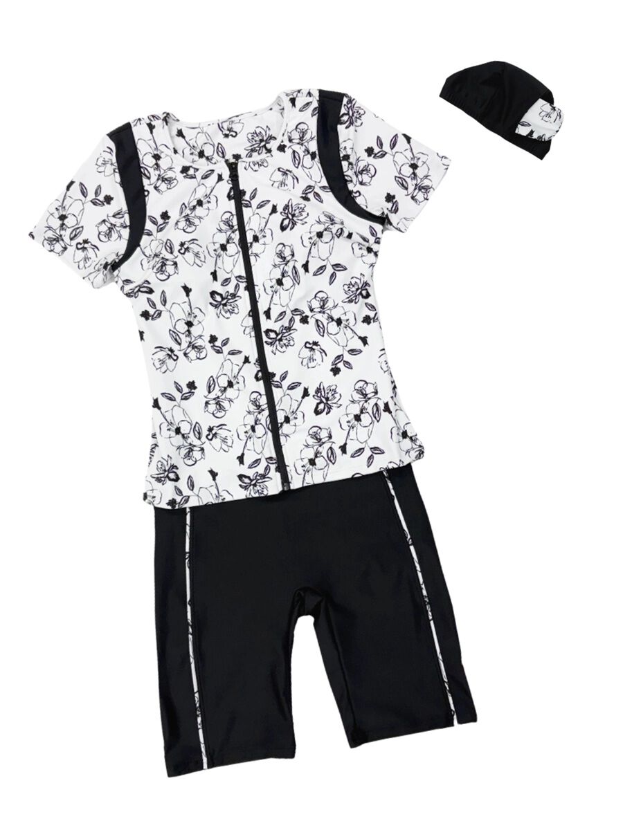 ALBOVE「モノクロ線画フラワー半袖フィットネス水着」|ビキニ|