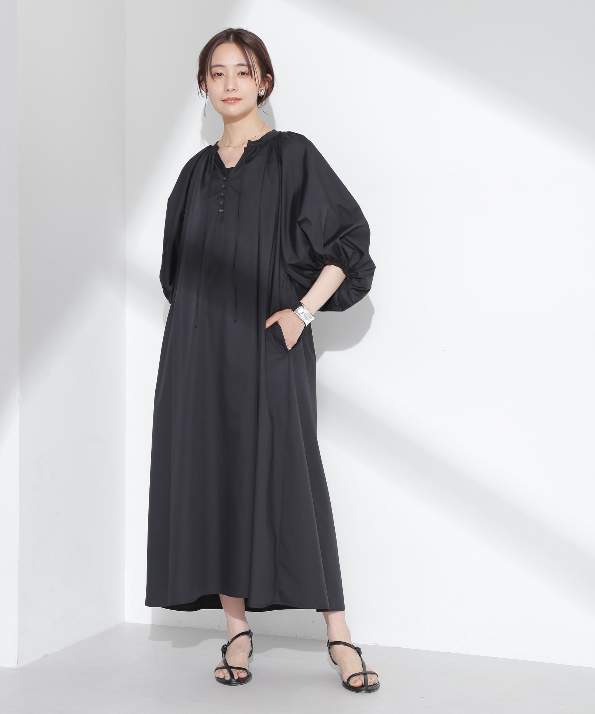 nano･universe「ボリュームギャザーフレアワンピース」|ワンピース|ブラック