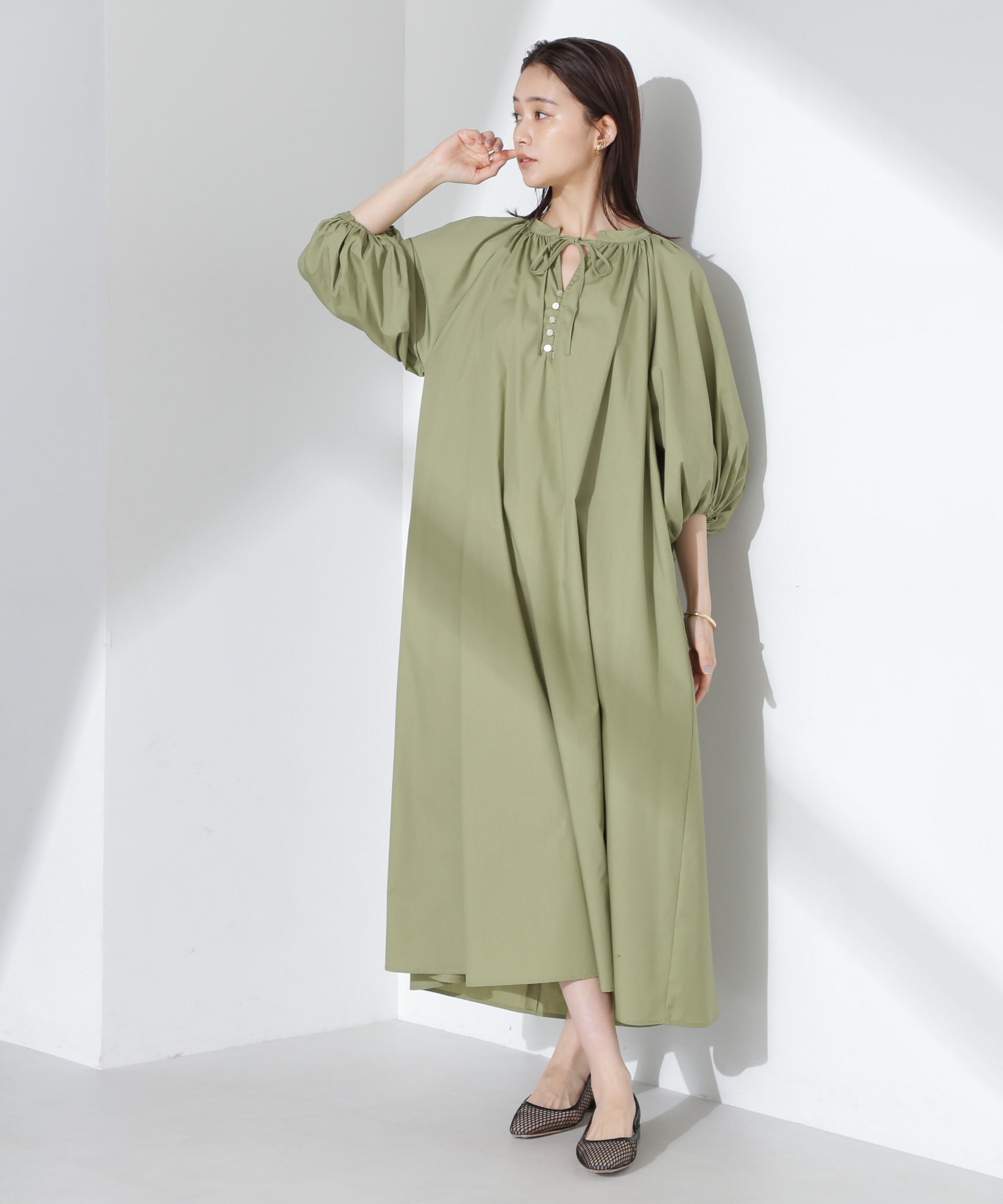 nano･universe「ボリュームギャザーフレアワンピース」|ワンピース|グリーン