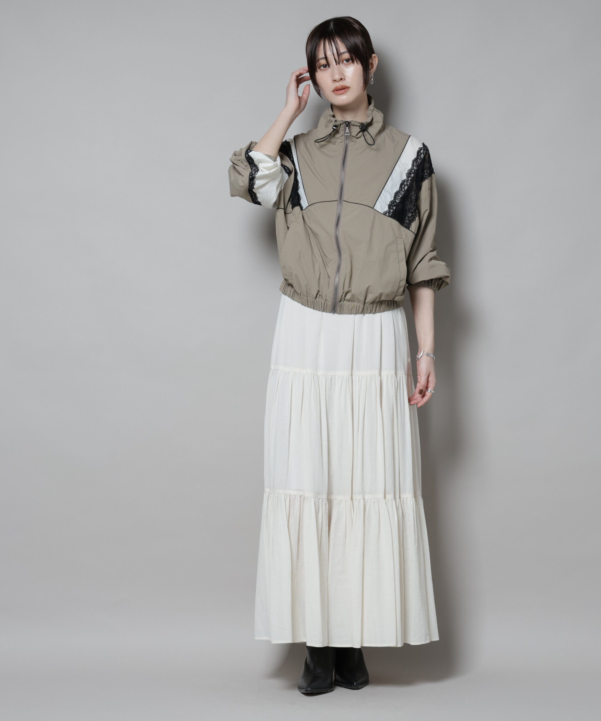 nano･universe「レース&times;ストライプ切替ナイロンブルゾン」|ブルゾン・スタジャン|