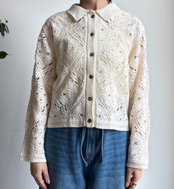  「レース柄襟付きニットシャツカーディガン」|カーディガン|