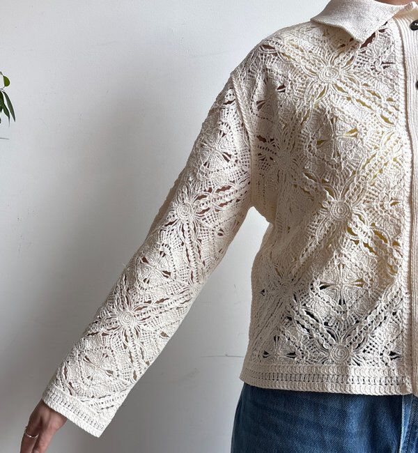  「レース柄襟付きニットシャツカーディガン」|カーディガン|