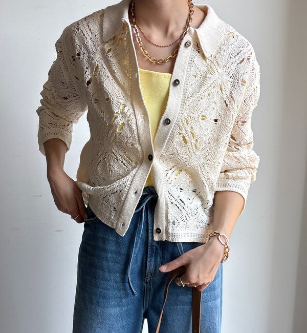  「レース柄襟付きニットシャツカーディガン」|カーディガン|