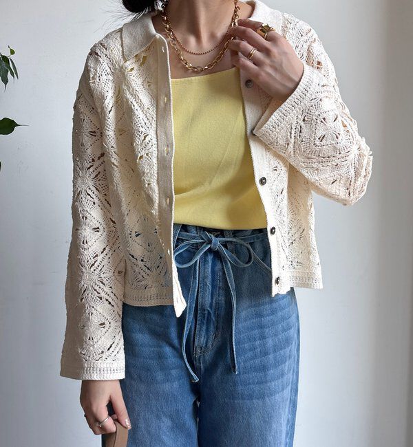  「レース柄襟付きニットシャツカーディガン」|カーディガン|