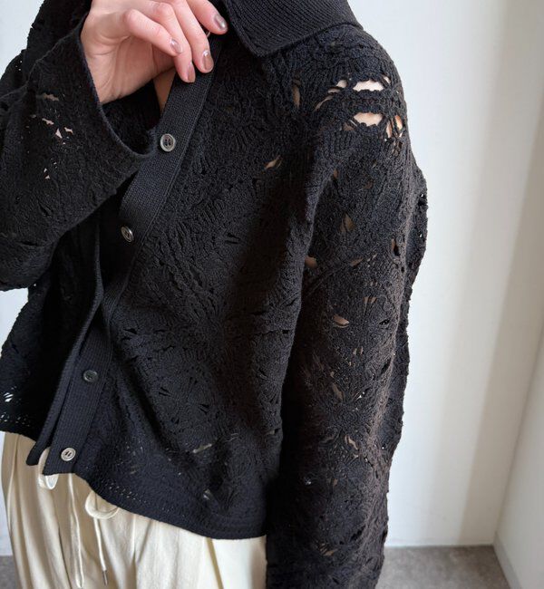  「レース柄襟付きニットシャツカーディガン」|カーディガン|ブラック