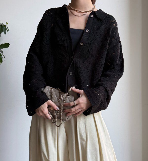  「レース柄襟付きニットシャツカーディガン」|カーディガン|