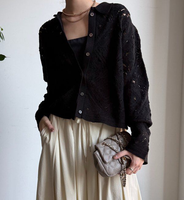  「レース柄襟付きニットシャツカーディガン」|カーディガン|