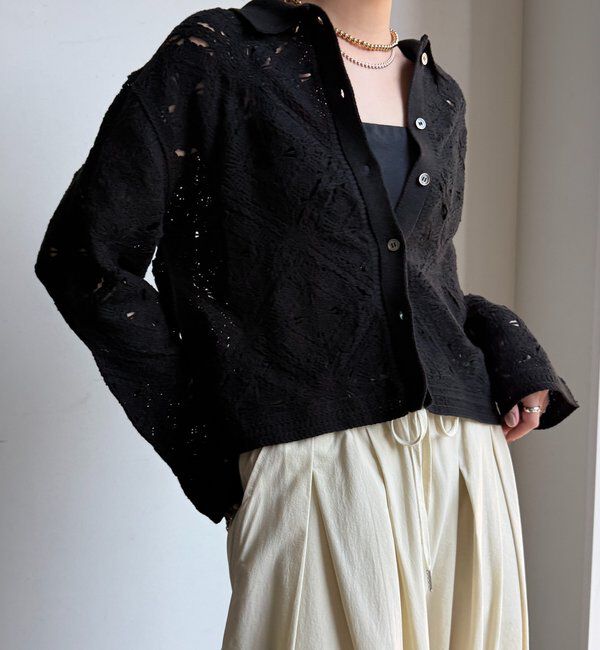  「レース柄襟付きニットシャツカーディガン」|カーディガン|