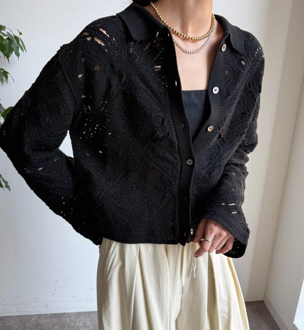  「レース柄襟付きニットシャツカーディガン」|カーディガン|
