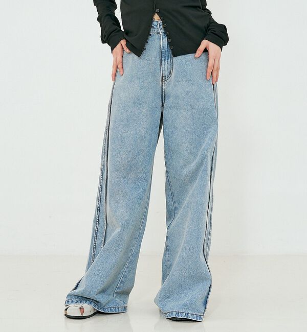 NOMINE「サイドライン ワイド デニムパンツ」|デニム|ブルー