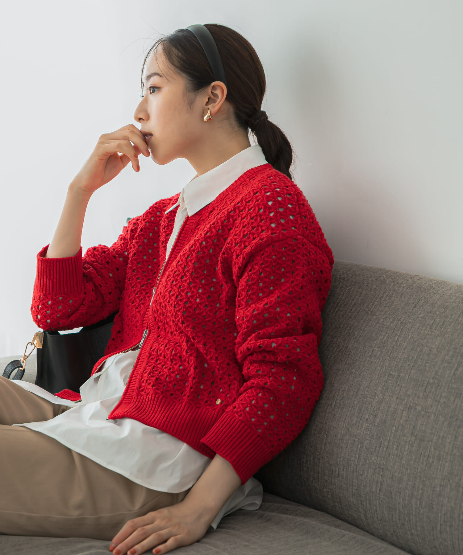 URBAN RESEARCH ROSSO「F by ROSSO　柄編みZIPカーディガン」|カーディガン|レッド