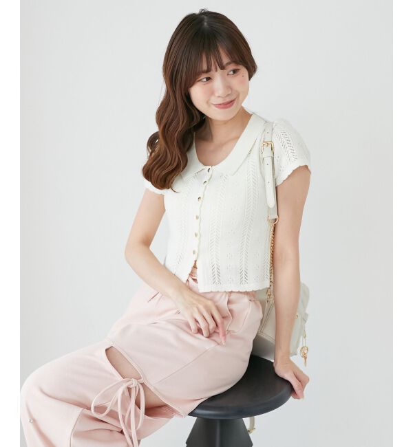  「襟付き透かし柄カーディガン」|カーディガン|