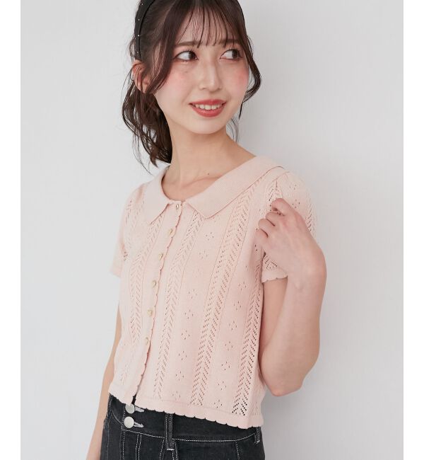  「襟付き透かし柄カーディガン」|カーディガン|