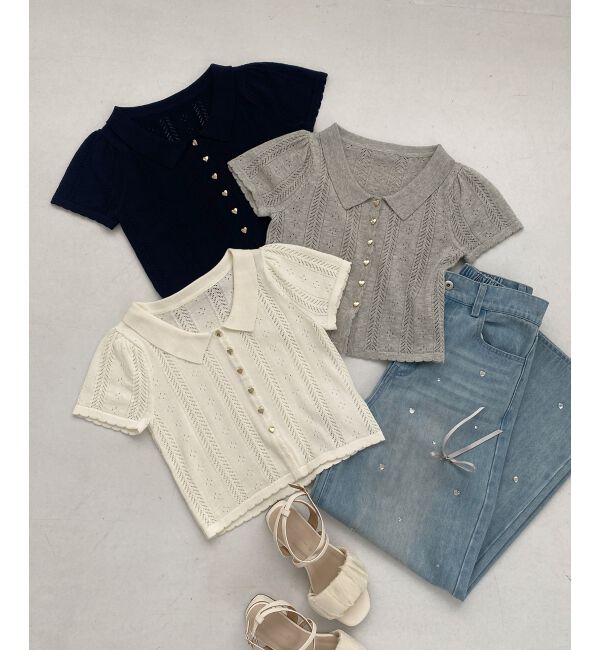  「襟付き透かし柄カーディガン」|カーディガン|