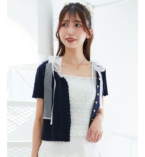  「襟付き透かし柄カーディガン」|カーディガン|ネイビー