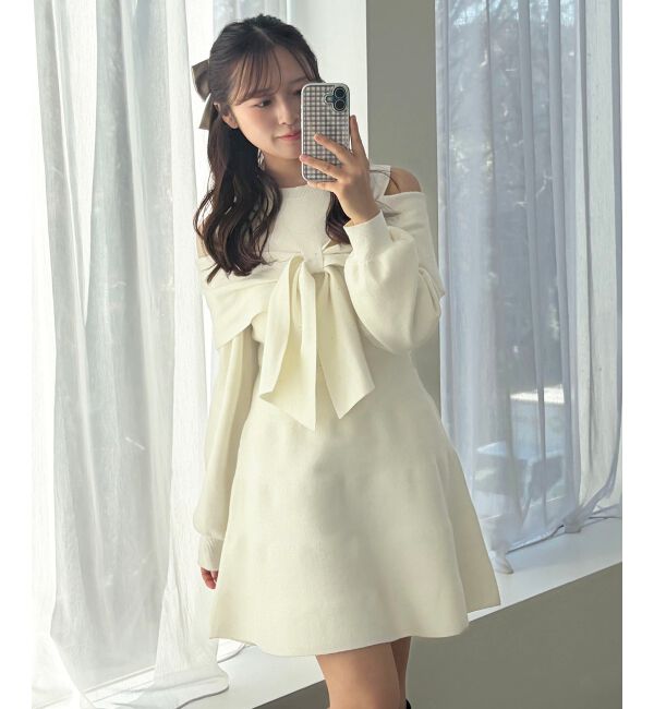  「ビジューリボンニットミニワンピース」|ワンピース|アイボリー