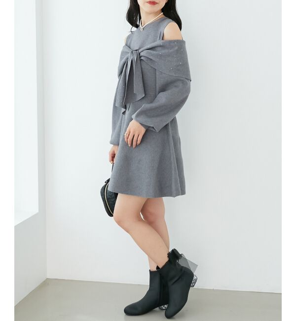  「ビジューリボンニットミニワンピース」|ワンピース|