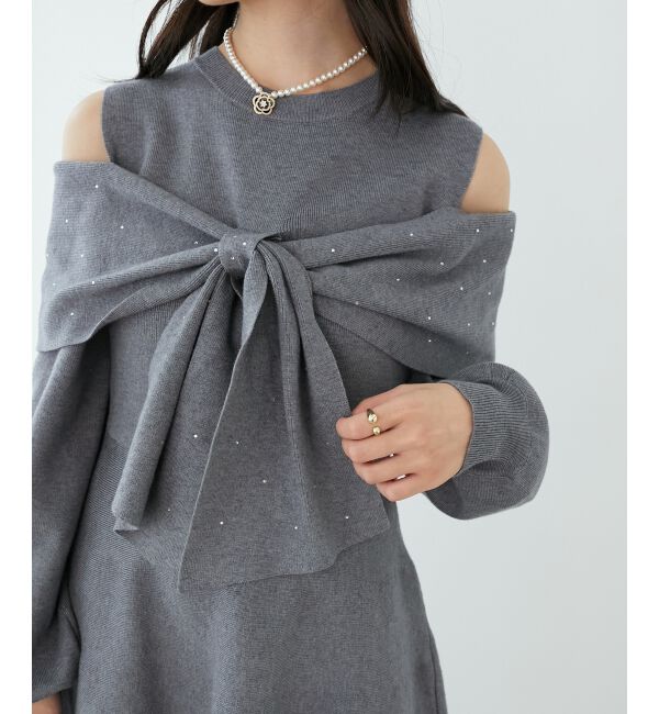 「ビジューリボンニットミニワンピース」|ワンピース|