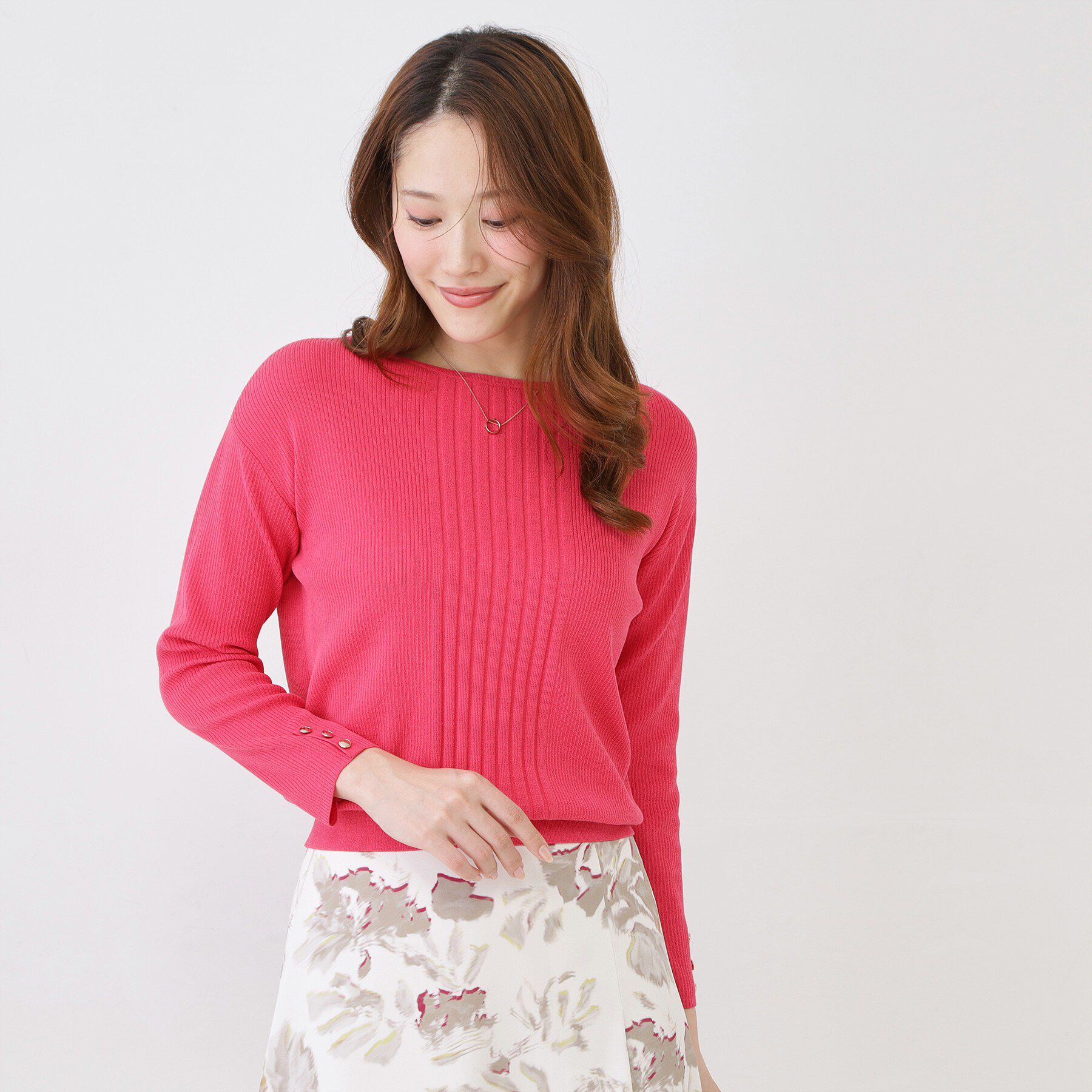 COUP DE CHANCE「【手洗い可／9分袖丈】リブ風ラインのニットトップス」|ニット・セーター|ピンク(072)