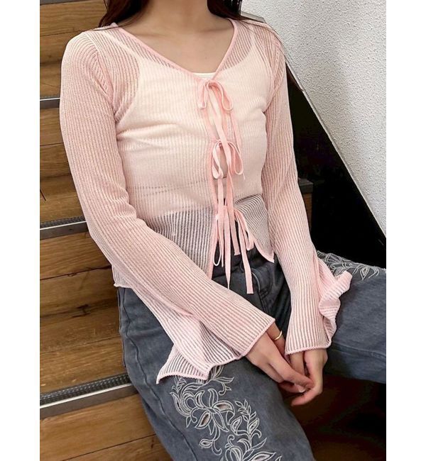 MERCURYDUO「シアーフロントリボンカーデ」|カーディガン|ピンク