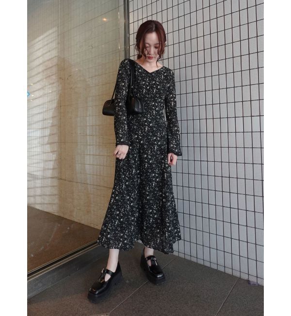 LAGUNAMOON「ヴィンテージフラワーフレアスリーブワンピース」|ワンピース|ブラック