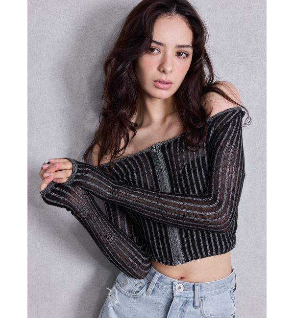 GYDA「ラメシアーオフショルショートニットカーディガン」|カーディガン|