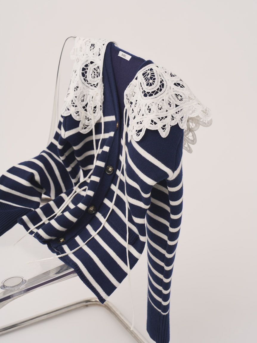 SNIDEL「バテンレースカラーニットカーディガン」|カーディガン|