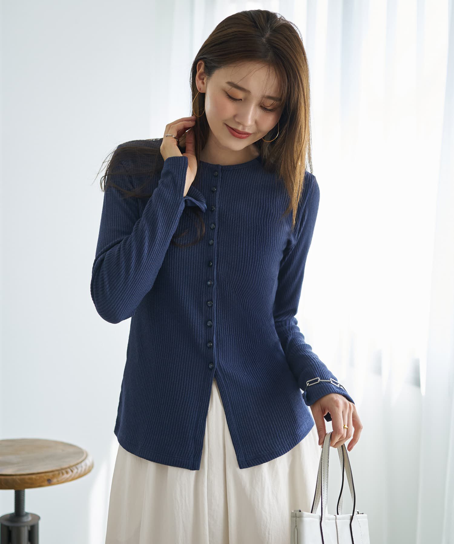 STYLE DELI「ボタンいっぱいリブカットソートップス」|Tシャツ・カットソー|ネイビー