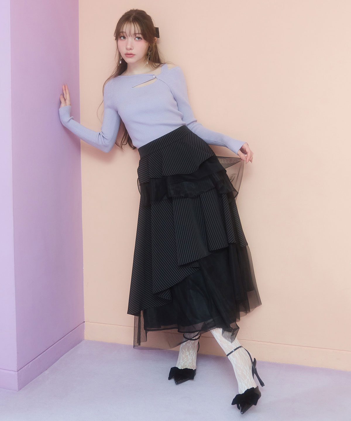 REDYAZEL「アシンメトリーレイヤードライクニットプルオーバー」|ニット・セーター|