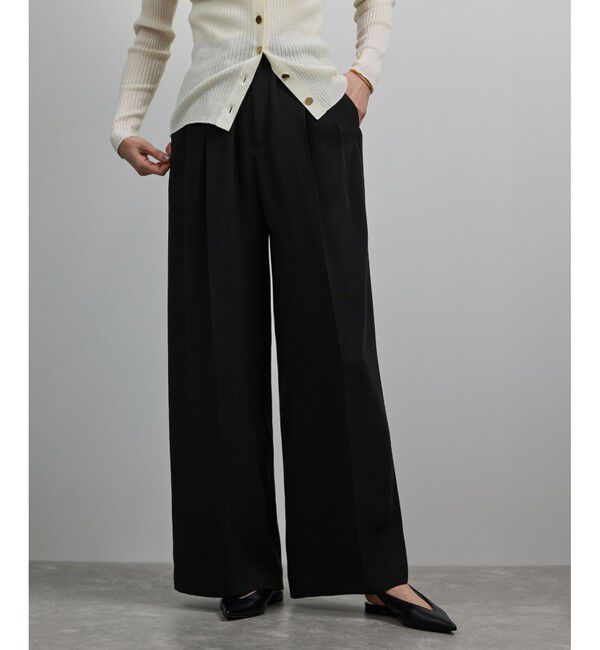 ROPE「【洗える・カセット服】ライトトリアセイージーワイドパンツ/お仕事・通勤・セットアップ対応」|チノ|ブラック(01)