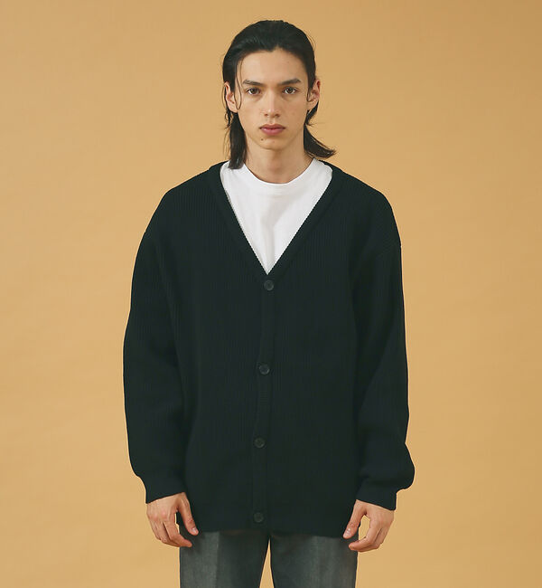 ABAHOUSE「ルーズシルエット ハイゲージ ポリ Vネック ニット カーディガン」|カーディガン|ブラック