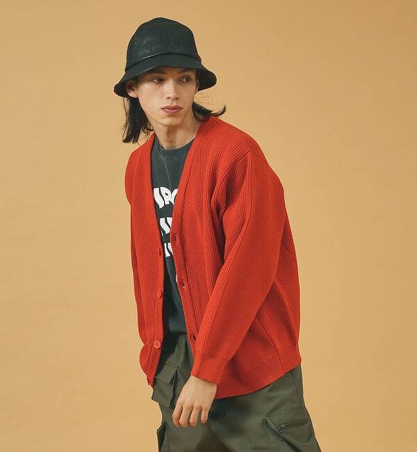 ABAHOUSE「ルーズシルエット ハイゲージ ポリ Vネック ニット カーディガン」|カーディガン|オレンジ