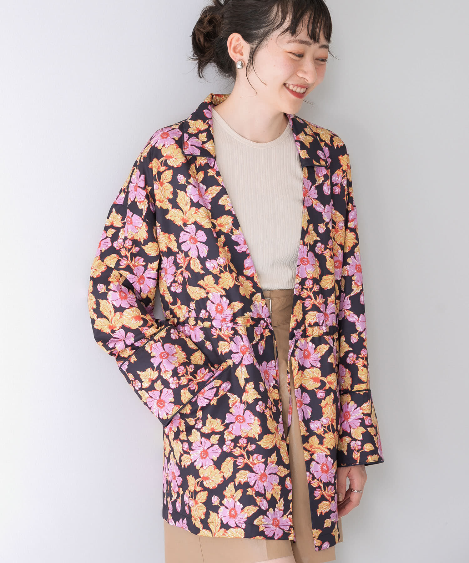  「ドロストプリントガウン」|ノーカラーコート|ネイビー