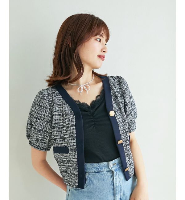 MAJESTICLEGON「カットツイードカーディガン」|カーディガン|ネイビー柄