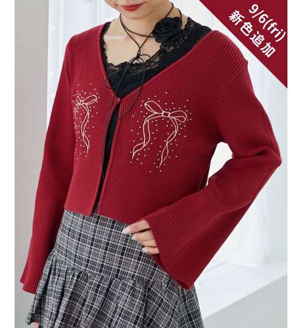 MAJESTICLEGON「リボンエンブロイダリーカーディガン」|カーディガン|ボルドー