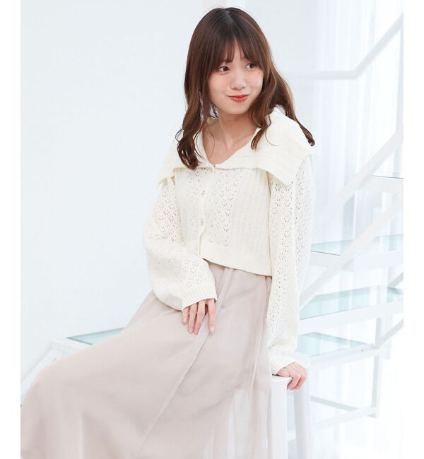  「ビッグカラー透かしニットカーデ」|カーディガン|オフ