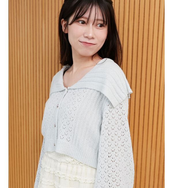  「ビッグカラー透かしニットカーデ」|カーディガン|