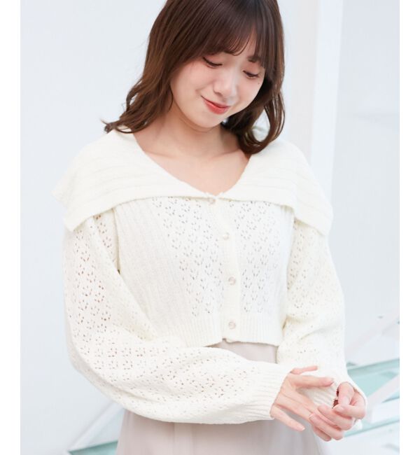  「ビッグカラー透かしニットカーデ」|カーディガン|