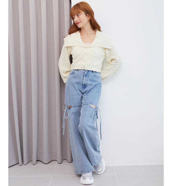  「ビッグカラー透かしニットカーデ」|カーディガン|