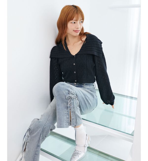  「ビッグカラー透かしニットカーデ」|カーディガン|