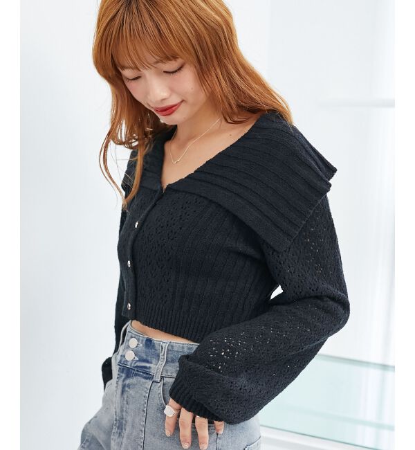  「ビッグカラー透かしニットカーデ」|カーディガン|