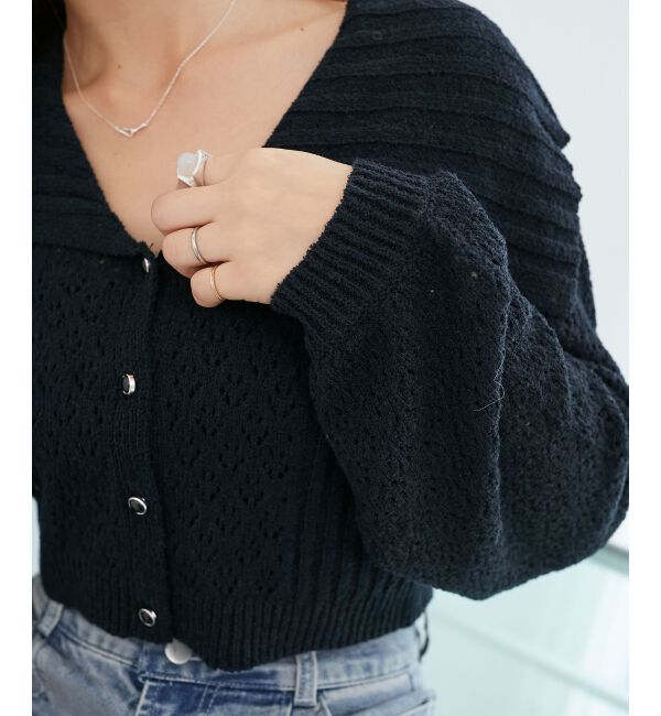  「ビッグカラー透かしニットカーデ」|カーディガン|