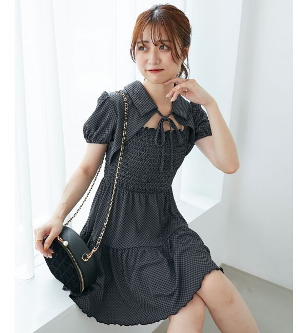  「襟付きデコルテオープンミニワンピ」|ワンピース|ブラック柄