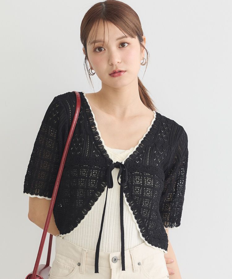 earth music&ecology「ミニスカラップ透かし編みニットカーディガン」|カーディガン|Black