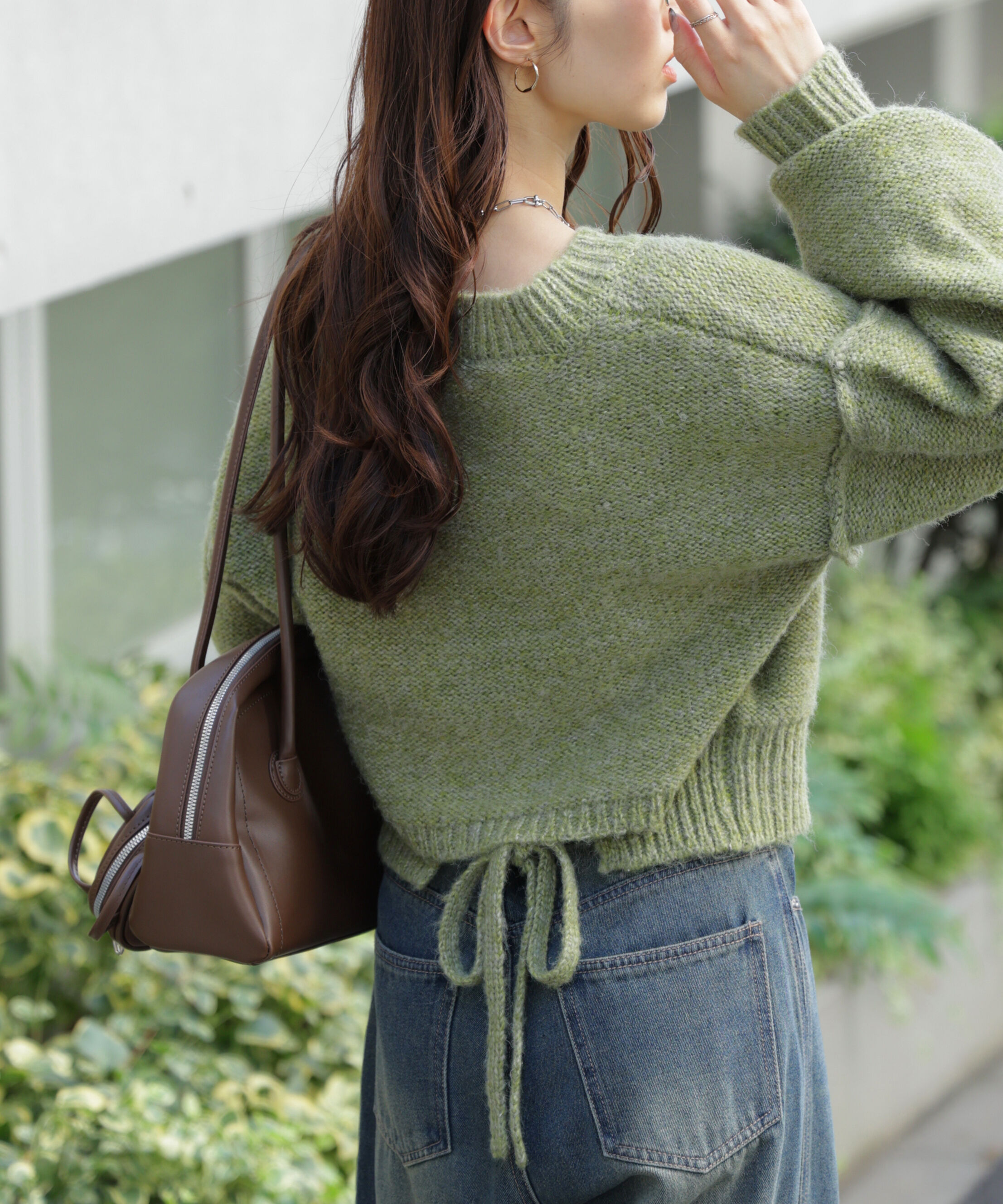  「バックリボンショート丈ニット」|ニット・セーター|グリーン