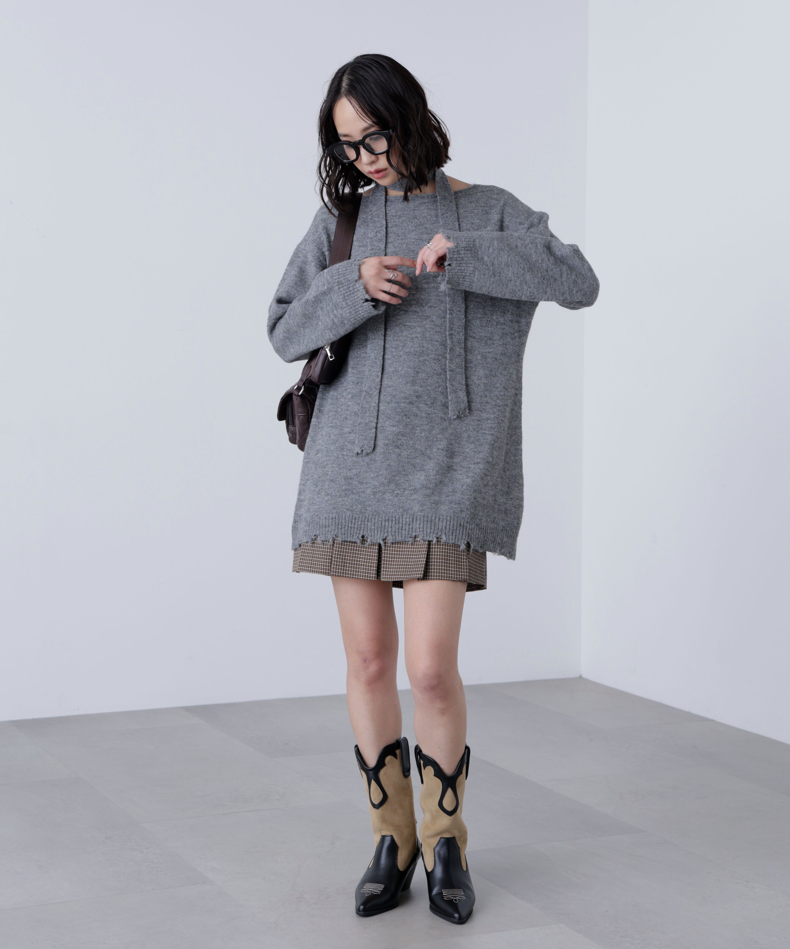  「モヘヤ混タイ付きルーズミニワンピース」|ワンピース|