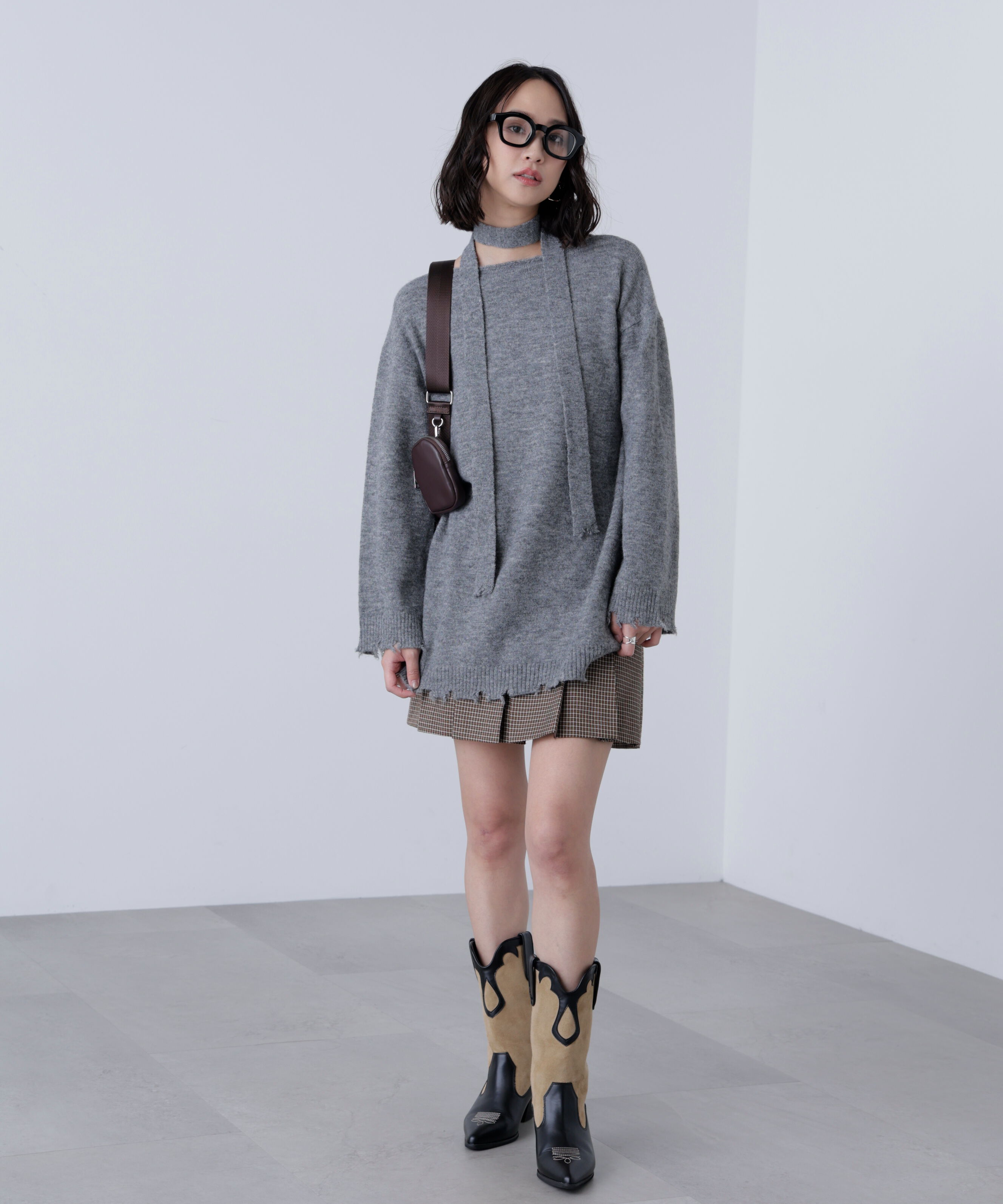  「モヘヤ混タイ付きルーズミニワンピース」|ワンピース|