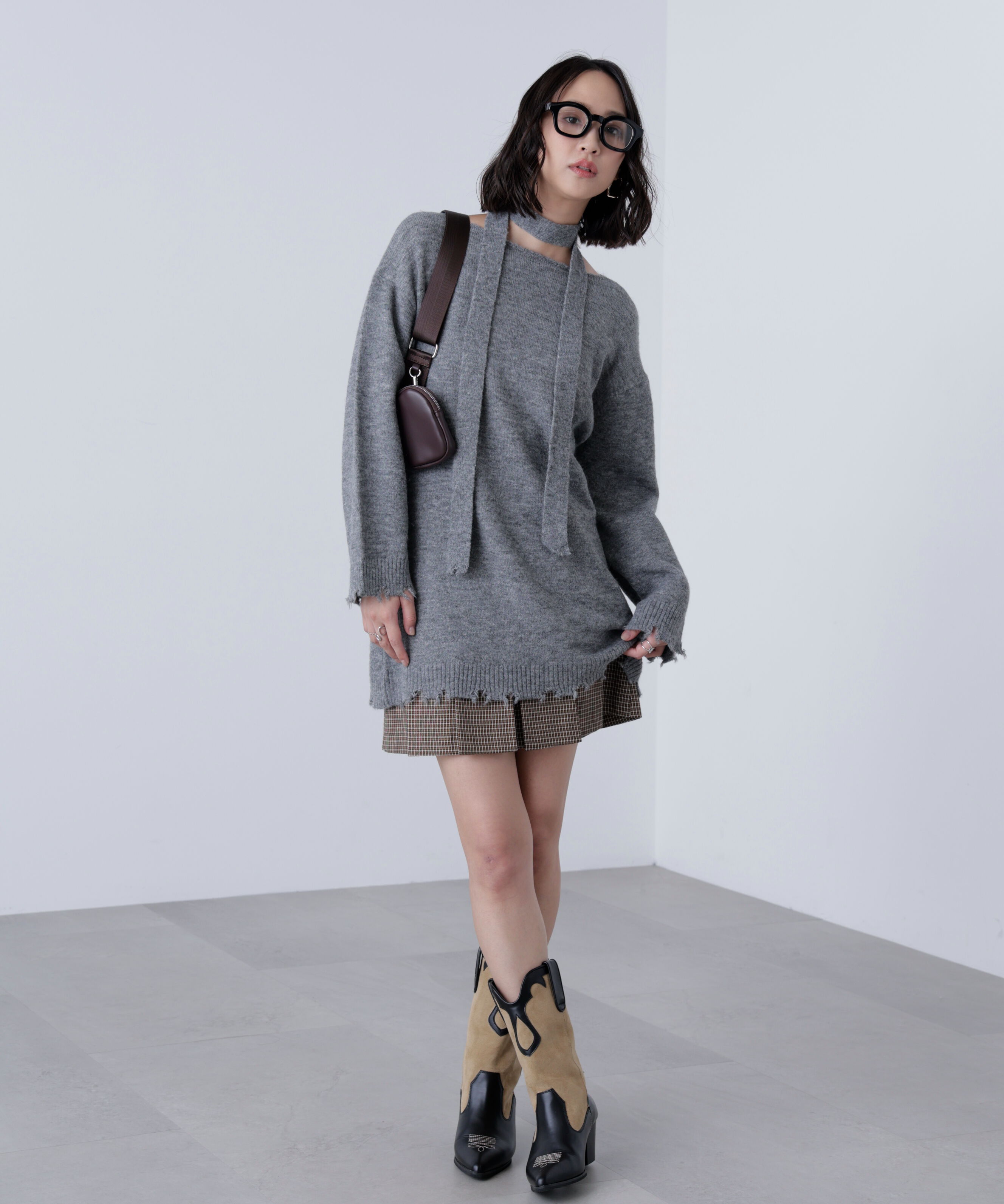  「モヘヤ混タイ付きルーズミニワンピース」|ワンピース|